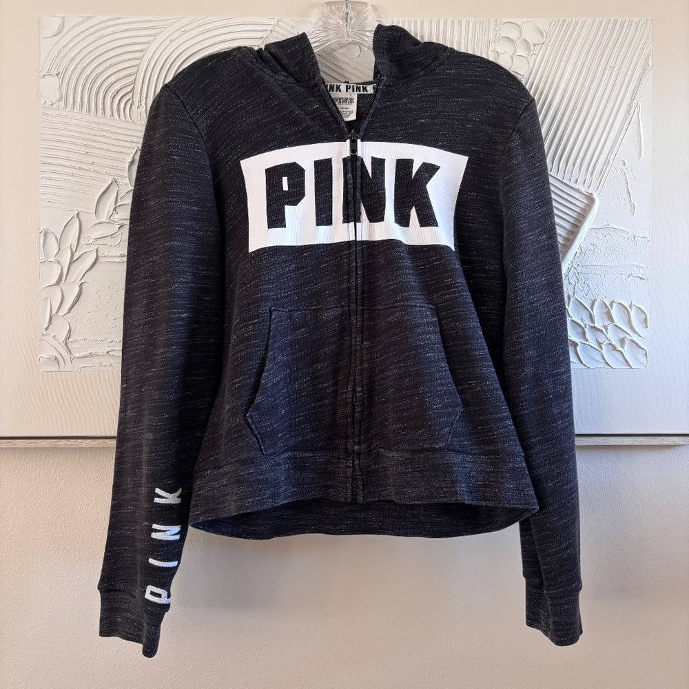 Victoria's Secret Pink Women's Black Full Zip Hoodie Logo SZ M Front Pockets